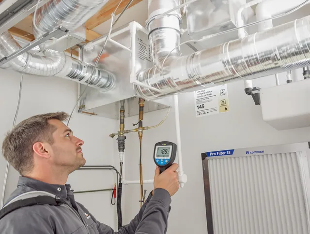 Tyngsborough Air Duct Cleaning expert conducting detailed filter system inspection using diagnostic tools in Tyngsborough