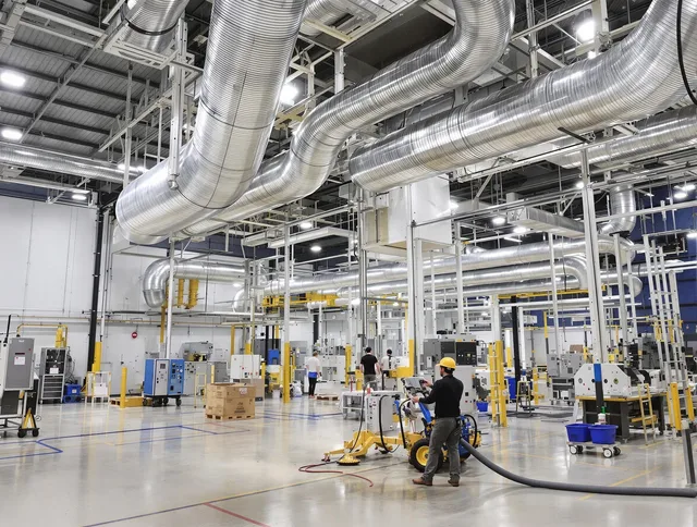 Tyngsborough Air Duct Cleaning team performing comprehensive industrial duct cleaning at a large facility in Tyngsborough